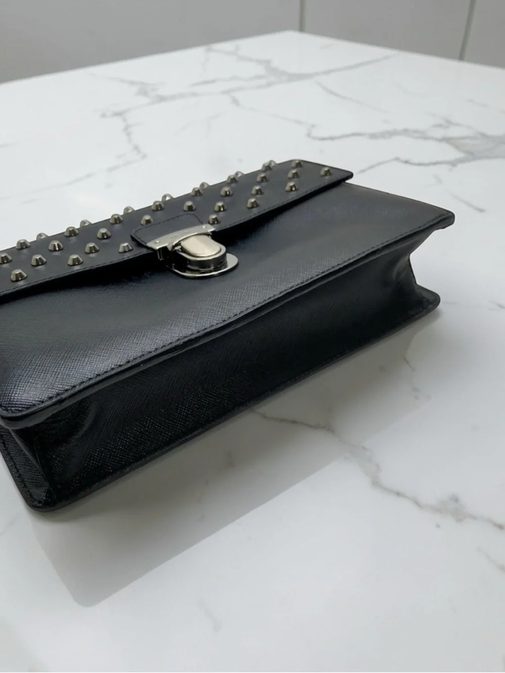 Prada Saffiano Leather Studded Clutch Wristlet Black Silver Hardware Y2K - Picture 4 of 11